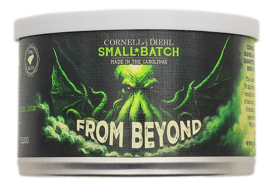 Cornell & Diehl Small Batch From Beyond tobacco can with green and black design.