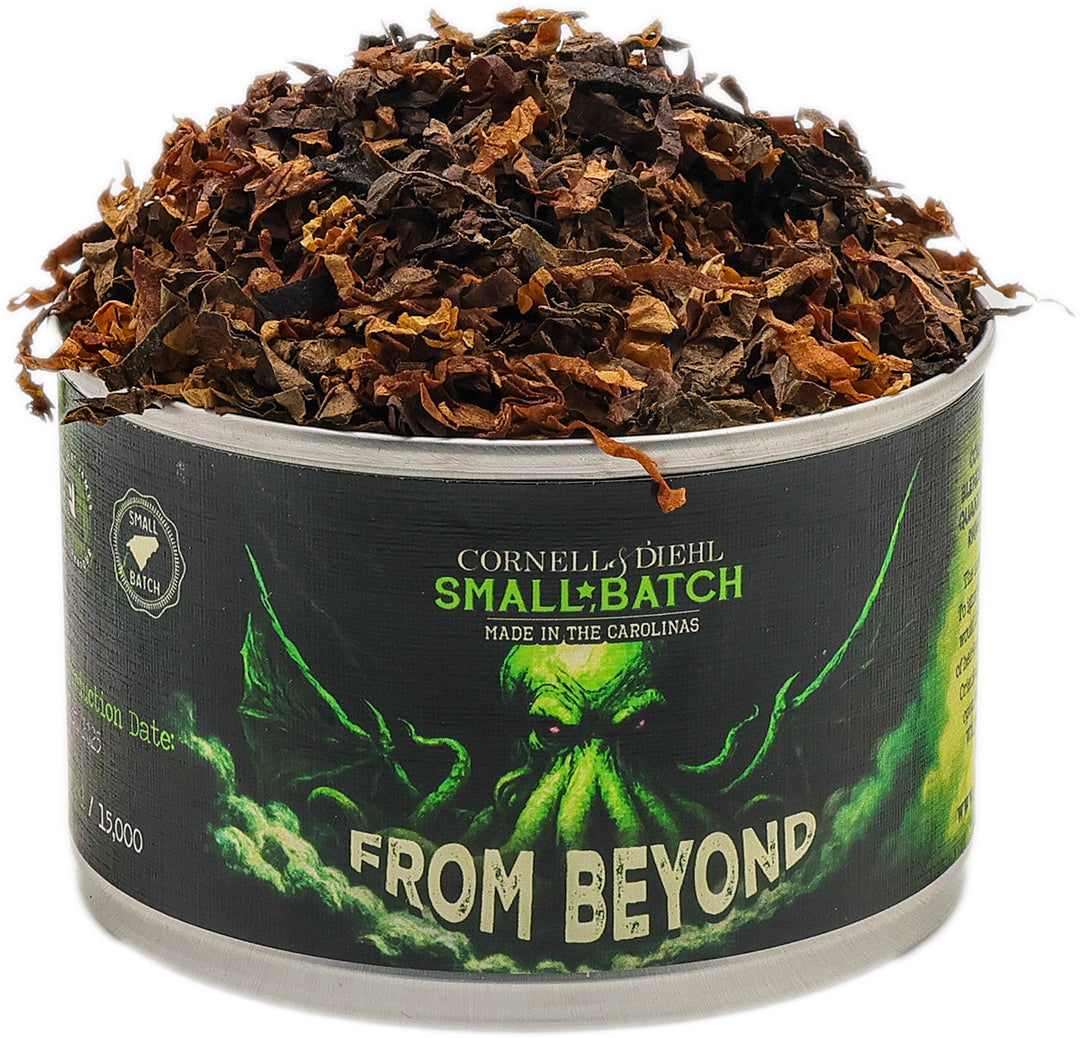 Cornell & Diehl Small Batch tobacco in a can with a green monster design on the label.